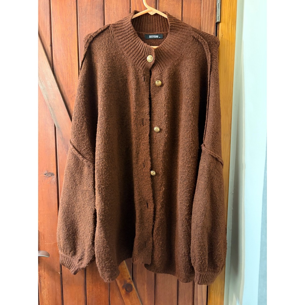 BTFBM Brown Oversized Knit‎ Cardigan Gold Button Mock Neck Sweater Womens Medium